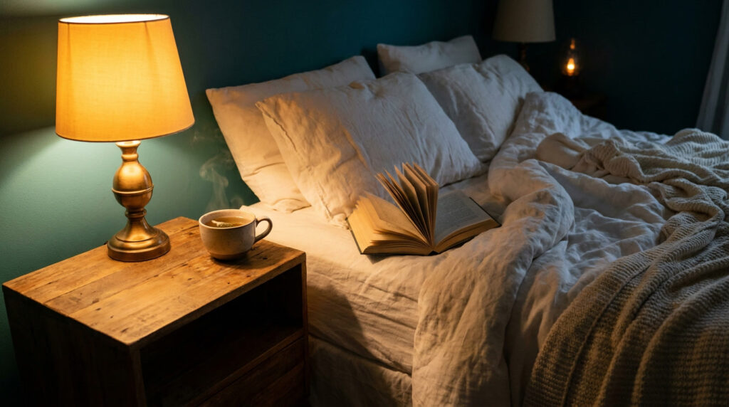 Cozy bedroom at night with herbal tea and a book on the bedside table, set up for a calming bedtime routine for anxiety