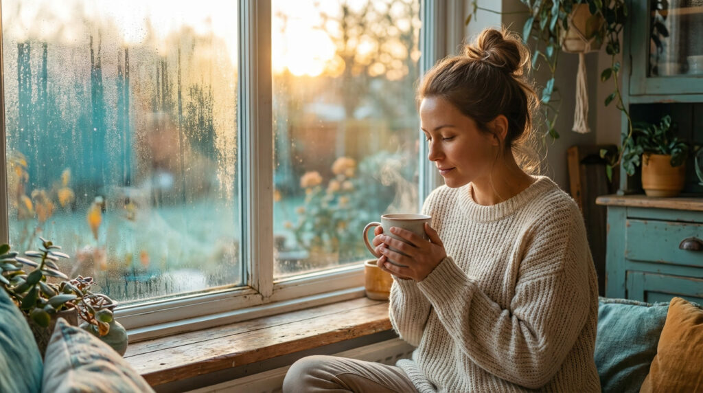 Person sitting peacefully by a window in the morning with a cup of tea, practicing stillness and doing nothing after waking up