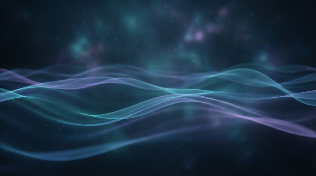 Soft glowing sound waves in teal and blue tones representing healing frequencies for sleep and relaxation