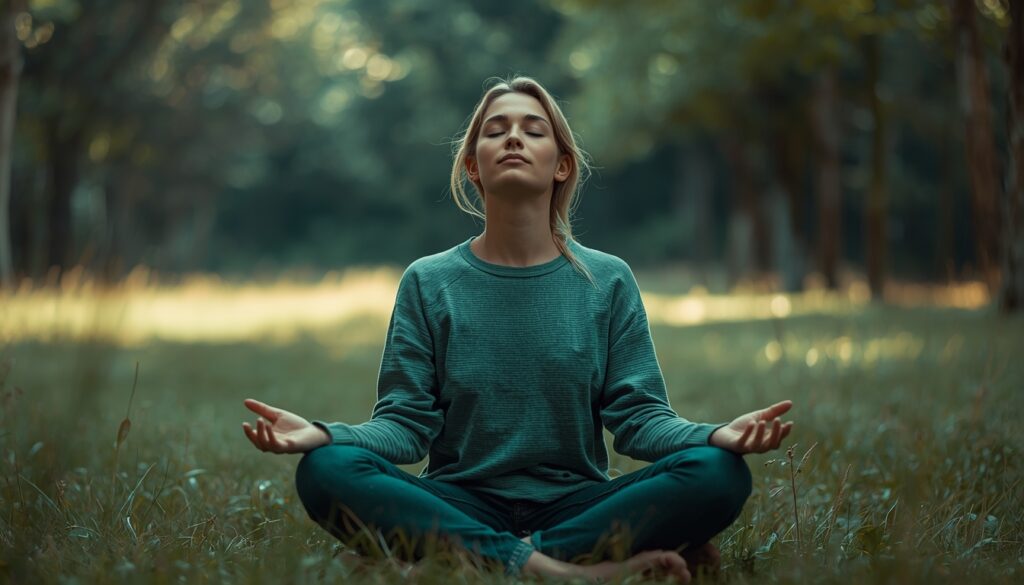 Person sitting peacefully on grass outdoors with eyes closed, practicing body-based exercises to release stored trauma