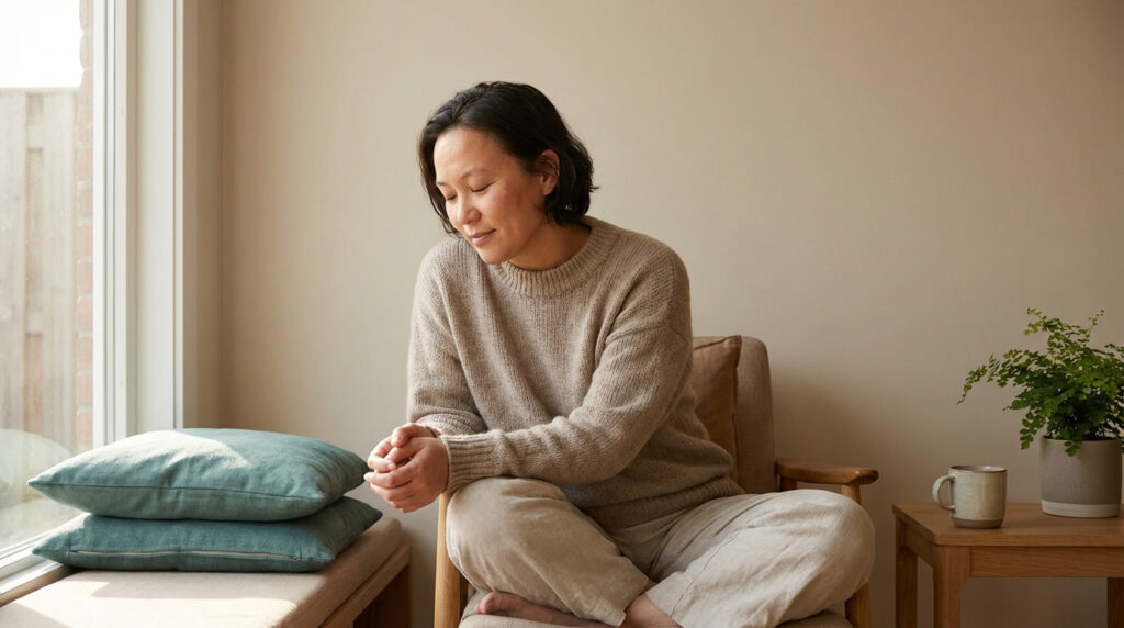 Person sitting quietly with eyes closed in calm reflection, learning to observe intrusive thoughts without resistance