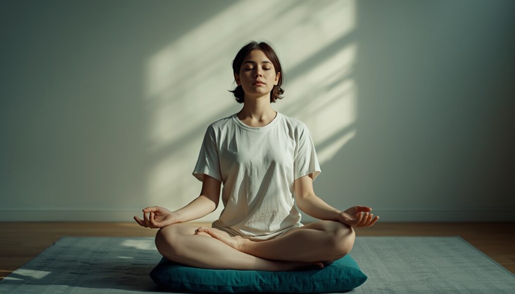 Person sitting in meditation with eyes closed, practicing mindfulness to calm overthinking and quiet a racing mind