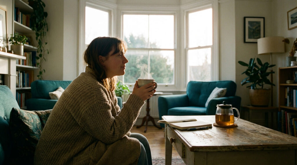 Person sitting peacefully by a window in the morning with tea and a journal, following a morning routine for anxiety relief