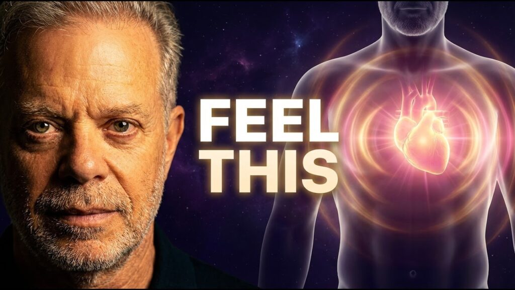 Man with intense gaze representing deep inner awareness, beside a glowing human heart radiating energy waves, illustrating the power of feeling as the key to manifestation