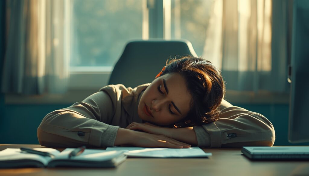 Person sitting at a desk with head in hands, showing signs of mental exhaustion and cognitive fatigue