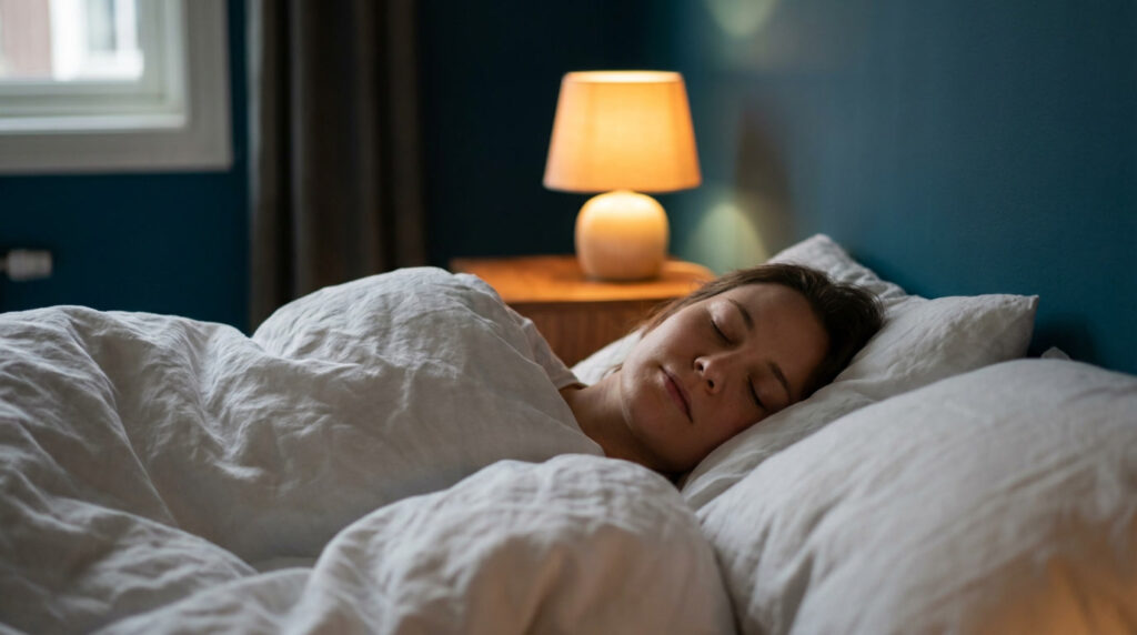 Person lying peacefully in bed with eyes closed, practicing sleep meditation to calm anxiety, soft warm light in background