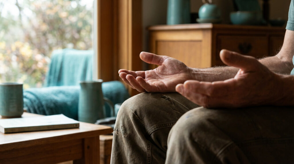 Close-up of relaxed open hands resting calmly, soft natural light, grounded and peaceful nervous system at rest