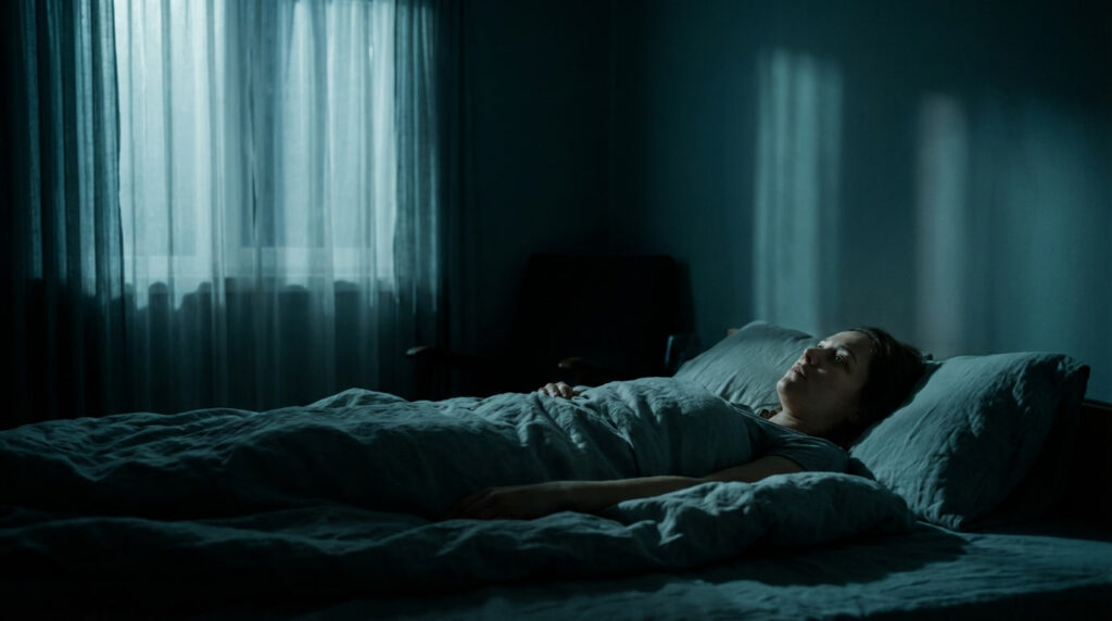 Person lying awake in a dark bedroom at night, eyes open staring at the ceiling, soft moonlight through curtains, restless mind unable to sleep