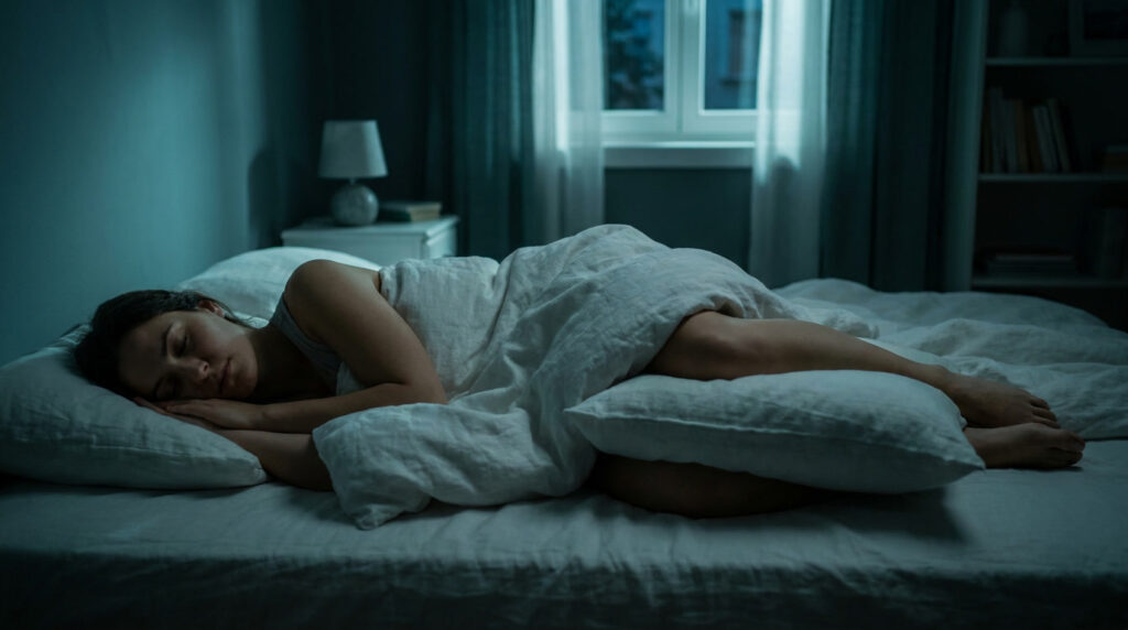 Person sleeping peacefully on their left side with a pillow between their knees, the best sleep position for anxiety and nervous system recovery