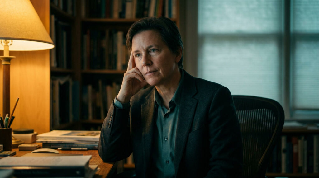 Person sitting at a desk looking composed but experiencing the hidden internal exhaustion of high-functioning anxiety