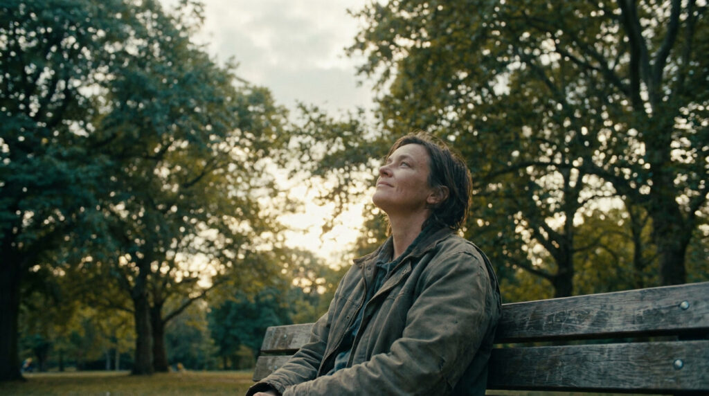 Person sitting outdoors looking up with a calm expression, breaking free from negative thinking patterns and mental loops