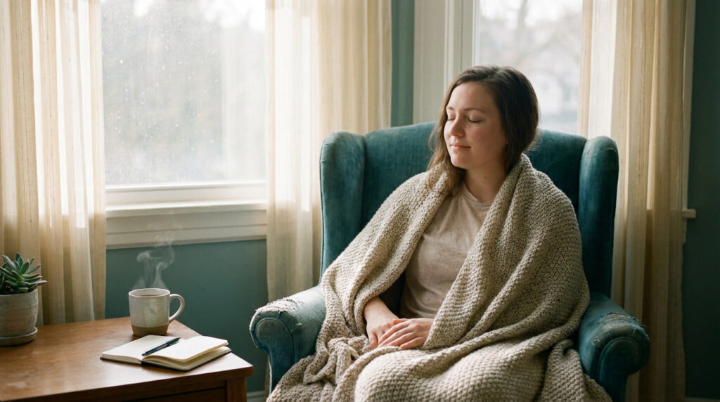 Person sitting in a cozy armchair with eyes closed building a daily mindfulness habit in the morning light