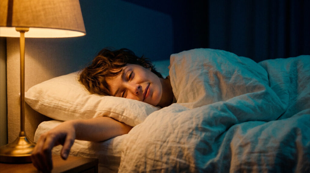 Person peacefully falling asleep in bed with eyes gently closing, soft warm light fading, using breathing techniques for fast sleep onset