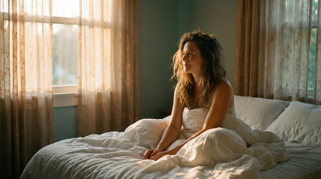 Person waking up in the morning with golden sunrise light, fixing their sleep schedule naturally with consistent wake times