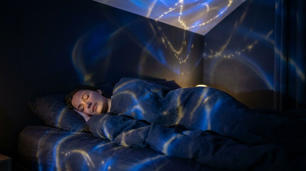 Person sleeping peacefully with soft dreamlike light suggesting subconscious mind reprogramming during sleep