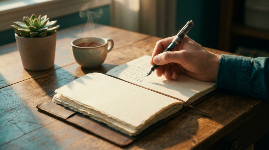 Hand writing in a journal with anxiety prompts, warm morning light on a wooden desk with tea and a plant nearby