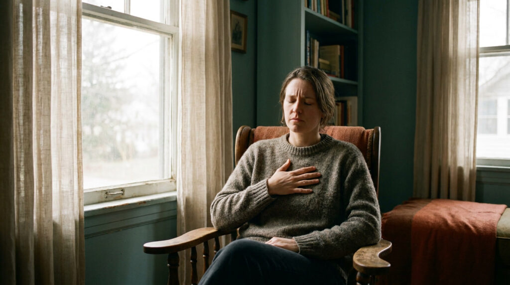 Person sitting with hand on chest experiencing the physical sensations of anxiety, soft light, calm and reflective expression