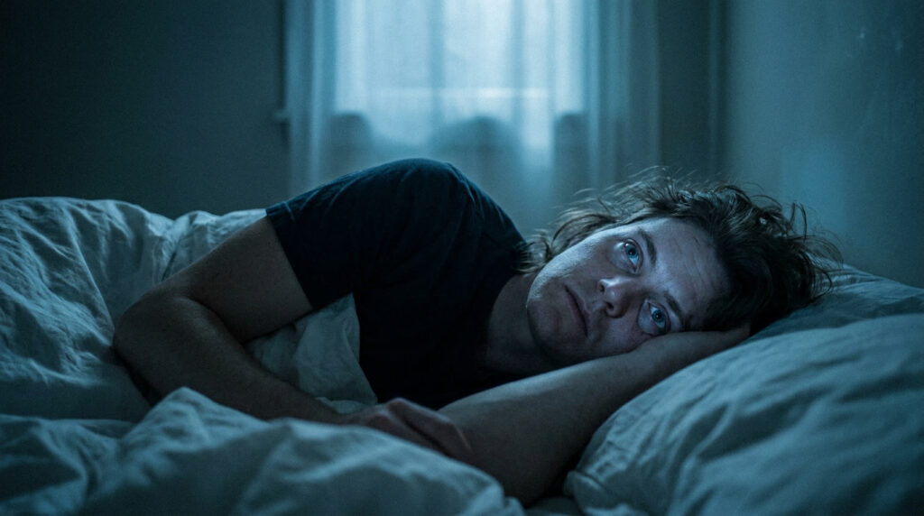 Person lying awake in bed with eyes open despite being exhausted, experiencing the tired but can't sleep phenomenon at night