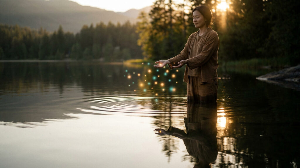 Person releasing glowing light particles over a calm lake at golden hour, symbolizing surrender and manifestation