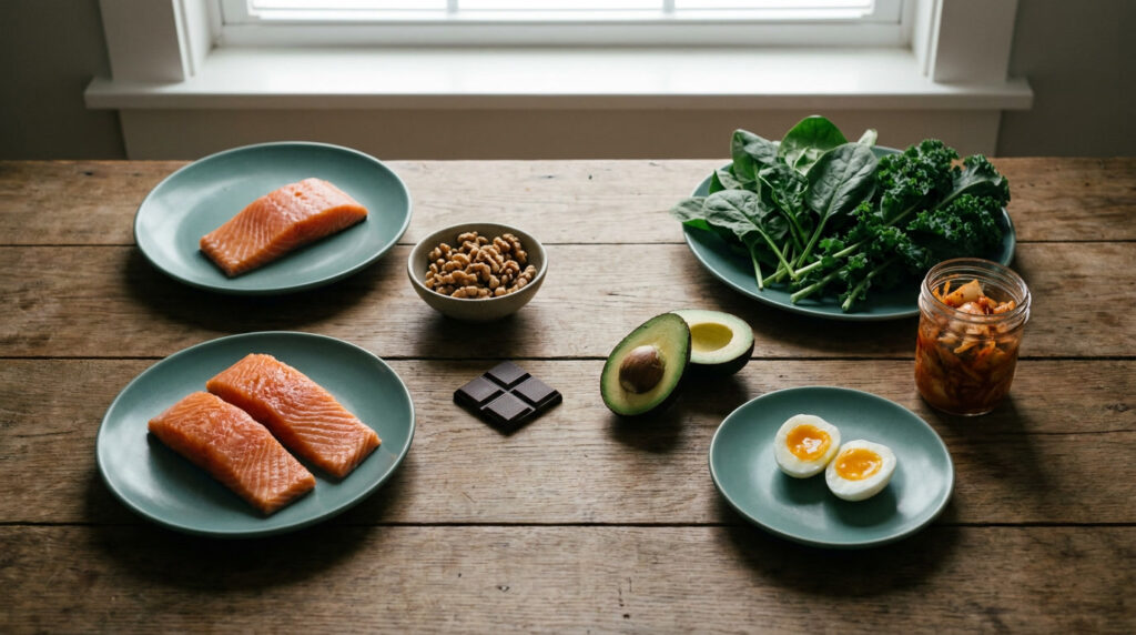 Flat lay of foods that reduce anxiety including salmon, walnuts, dark chocolate, avocado and leafy greens on a wooden surface
