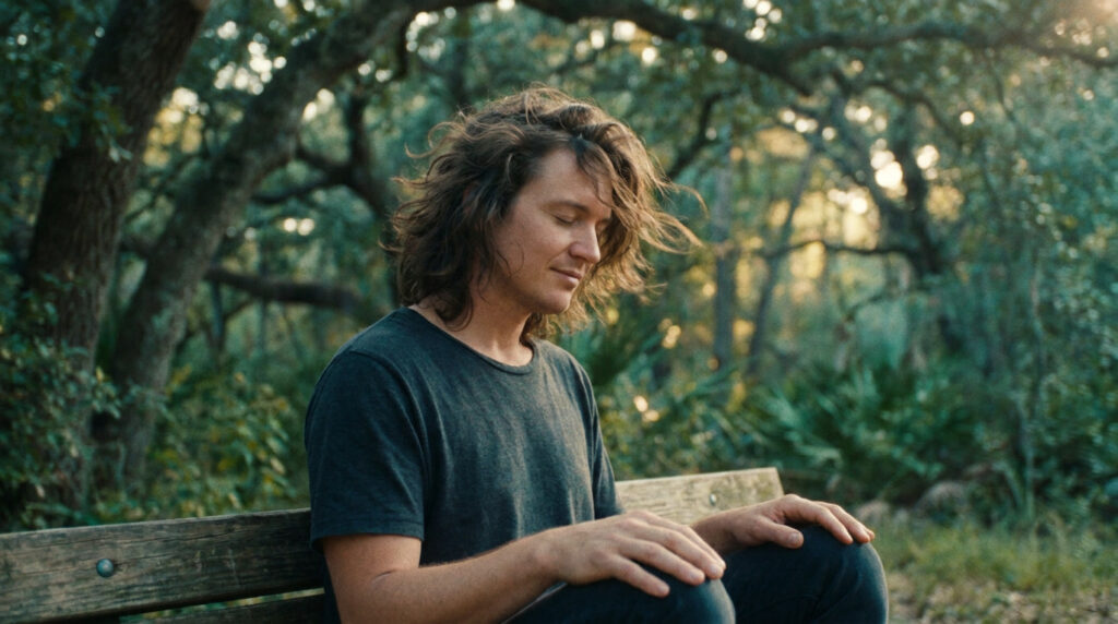 Person sitting outdoors taking slow deliberate breaths to stop a panic attack, calm and grounded in a natural setting