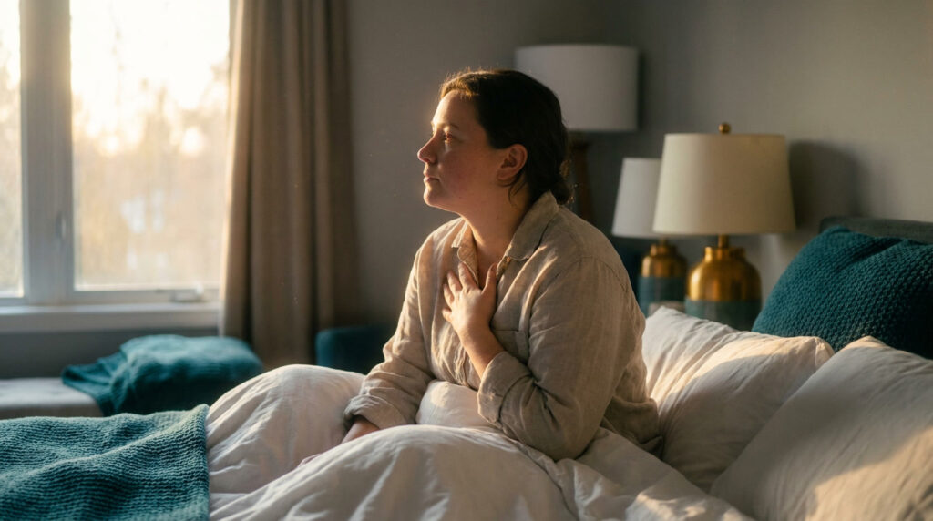 Person sitting up in bed in the early morning with a hand on their chest experiencing morning anxiety before the day begins