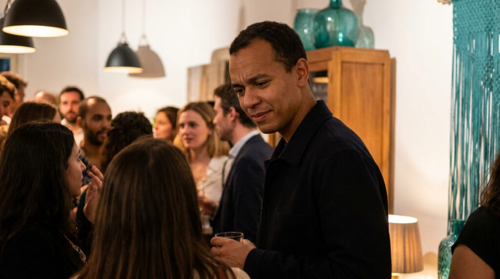 Person standing slightly apart at a social gathering with a thoughtful hesitant expression, experiencing social anxiety vs shyness